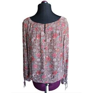 Lucky Brand Floral Long-Sleeve Peasant Blouse in Rose and Brown Size M Boho